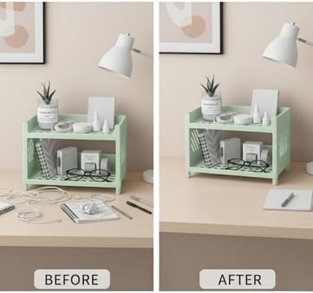Çok Amaçlı 2 Katlı Organizer Raf – Açık Yeşil Plastik Düzenleyici Stand – Banyo, Mutfak, Masaüstü ve Ofis İçin – 25 x 18 cm