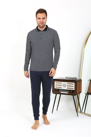 Modi Erkek Polo Yaka Uzun Kol Penye Pijama Takımı Lacivert 6864