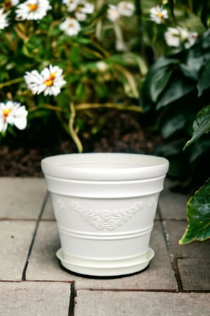 Antik Papatya Desenli Beyaz Saksı 3 Litre Beyaz