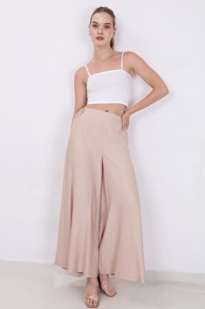 Arka Bel Lastik Detaylı Bol Paça Pantolon