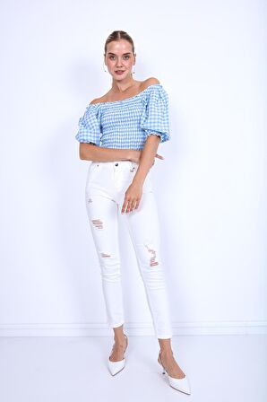 Beyaz Yırtık Skiny Denim Pantolon