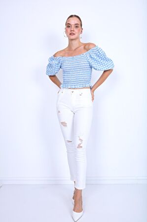 Beyaz Yırtık Skiny Denim Pantolon