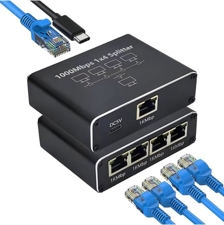 Ethernet Splitter, Gigabit Ağ Bölücü, Bilgisayar, Hub, Anahtar, Yönlendirici 1x4 Portlu, Evrensel Ağ Genişletici, USB-C Güç Girişli, 1000Mbps RJ45 LAN İnternet Splitter Eşzamanlı Çalışma