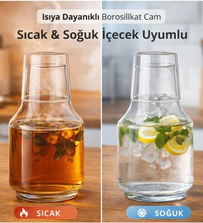 Bardaklı Borosilikat Cam Sürahi 1.75 Litre | Isıya Dayanıklı Şeffaf Su ve Soğuk İçecek Sürahisi Şeffaf