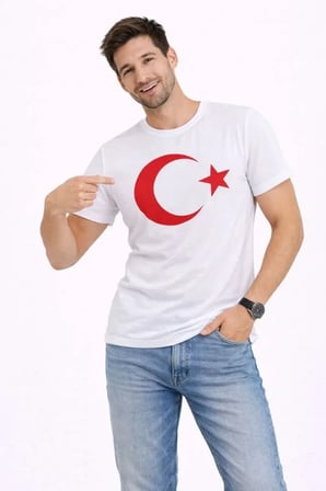 Modi Green Erkek T-Shirt Kısa Kol Bisiklet Yaka Ay Yıldız Bayrak Baskılı Tişört - Beyaz