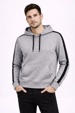 Modi Green Erkek Şeritli Kapüşonlu Sweatshirt Oversize 3 Iplik Pamuklu - Gri