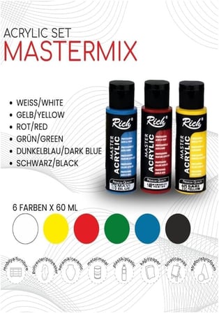 Rich Mastermix Akrilik Boya 12 Renk 60 ml 1 Paket Pastel Renkler Akrilik Boya 12 li Profesyonel Tuval Canvas Boyası