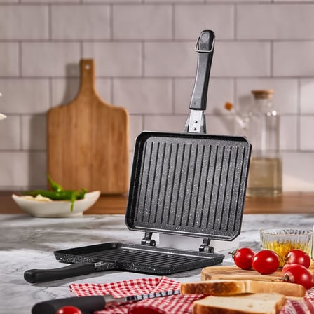 Çift Taraflı Ocak Üstü Döküm Tost Makinesi, Granit Efektli Yanmaz Yapışmaz Sandviç ve Tost Tavası - Hamburger, Omlet ve Aperatifler İçin İdeal | Ergonomik Saplı Kolay Temizlenebilir Grill Tava
