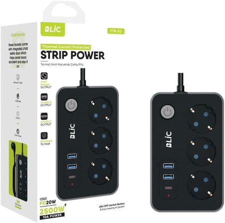 Akım Korumalı Priz, 3x Priz Soketi, 2x Usb Girişi, 1x Type-C Girişi, Tasarruflu Uzatma Kablosu, Çocuk Korumalı Adaptör (2 Metre)