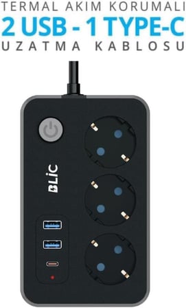 Akım Korumalı Priz, 3x Priz Soketi, 2x Usb Girişi, 1x Type-C Girişi, Tasarruflu Uzatma Kablosu, Çocuk Korumalı Adaptör (2 Metre)