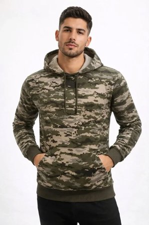 Modi Green Erkek Kamuflaj Desenli 2 İplik 4 Mevsim Kapüşonlu Kanguru Cepli Hoodie Sweatshirt - Kamuflaj