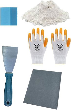 Duvar Tamir Seti 2 Kg Sıva Alçısı,Spatula,Zımpara,Sıva Süngeri,Eldiven 5 Parça Set
