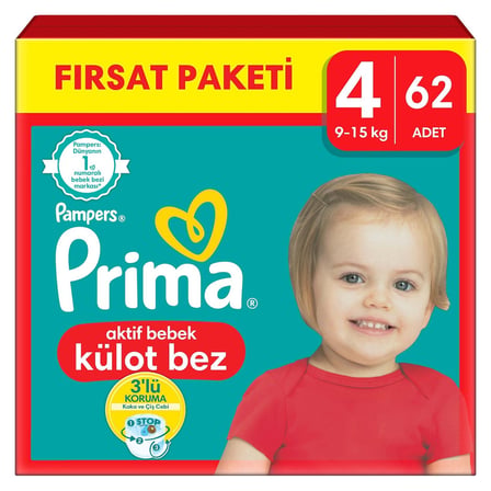 3 Adet Prima Bebek Bezi Külot Bez 4 Numara 62 Adet Fırsat Paketi