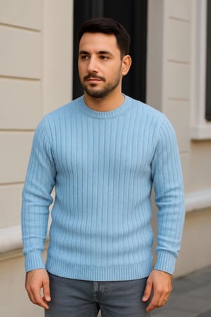 Modi Green Erkek Bisiklet Yuvarlak Yaka Triko Kazak Pamuklu Kalın Fitilli Dokuma, Regular Fit Uzun Kollu Kışlık Model - Bebe M