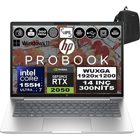 Hp Probook 440 G11 Intel Core Ultra 7 155H Ddr5 32GB 512GB SSD Geforce Rtx 2050-4GB 14" Wuxga IPS Windows 11 Pro Taşınabilir Bilgisayar 9Y7C4ETP09 + Zetta Çanta