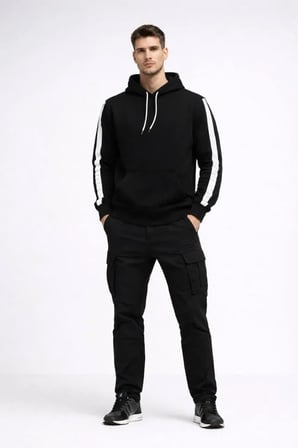 Modi Green Erkek Şeritli Kapüşonlu Sweatshirt Oversize 3 Iplik Pamuklu - Siyah