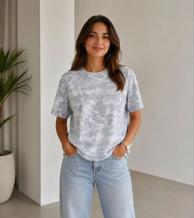 Modi Green Batik Desenli Tişört Bisiklet Yaka Kısa Kol Regular Fit T-shirt - Gri