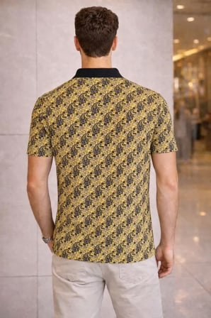 Modi Green Erkek Pike Kumaş Polo Yaka Palmiye Desenli Tişört Kısa Kol Yazlık T-Shirt - Sarı