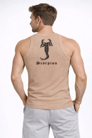 Modi Green Erkek Fitilli Atlet Sıfır Yaka Slim Fit Arka Baskılı Spor Atlet - Bej