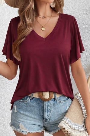 Kadın Kısa Kollu V Yakalı Viskon Bluz - Bordo / 2XL-3XL