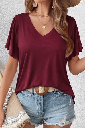 Kadın Kısa Kollu V Yakalı Viskon Bluz - Bordo / 2XL-3XL
