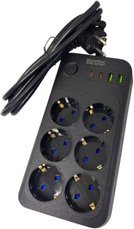 Showmax Serisi SH-3046 Termal Akım Korumalı Priz 2 MT (6 Priz + 2 Usb + 2 Type-c) (6 Lı 2xUSB 2xType C Çıkışlı)