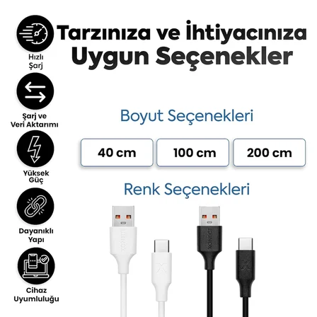 USB to Type-C ile Uyumlu iPhone ve Samsung ile Uyumlu Hızlı Şarj ve Data Kablosu 100 cm (Beyaz)