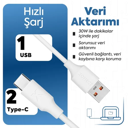USB to Type-C ile Uyumlu iPhone ve Samsung ile Uyumlu Hızlı Şarj ve Data Kablosu 100 cm (Beyaz)