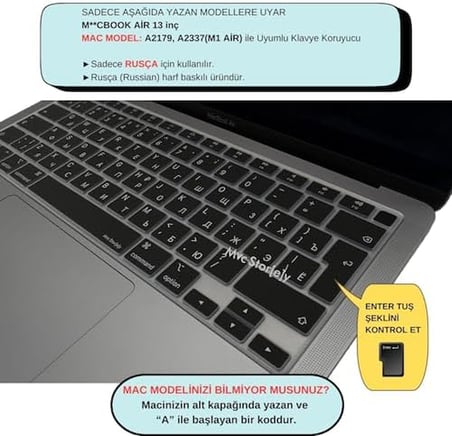 Rusça Klavye Koruyucu MacBook Air 13 A1932 A2179 A2337 M1 Uyumlu | UK ISO Ters L Enter | İnce Silikon Russian Keyboard Cover Siyah