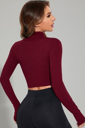 Modi Green Kadın Bordo Uzun Kol Fermuarlı Parmak Geçme Detaylı Dik Yaka Crop Top Bluz