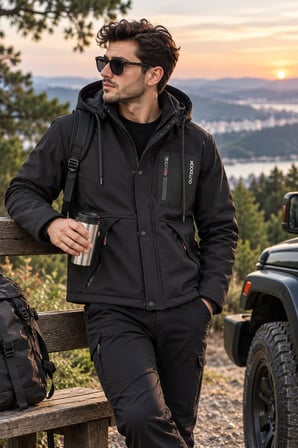 LUXIC CORE Erkek Kürklü Kapüşonlu Softshell Kışlık Mont Siyah M
