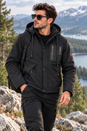 LUXIC CORE Erkek Kürklü Kapüşonlu Softshell Kışlık Mont Siyah M