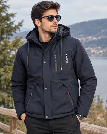LUXIC CORE Erkek Kürklü Kapüşonlu Softshell Kışlık Mont Lacivert 2XL