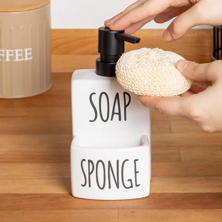 Sıvı Sabunluk ve Süngerlik Seti – Mutfak Banyo Düzenleyici, Seramik Sabunluk Pompalı, Sünger Organizer, Şık ve Pratik Lavabo Üstü Deterjanlık 17 x 9 cm Sünger Hediyeli