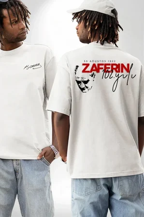 Modi Green 30 Ağustos Zafer Bayramı Ön Arka Baskılı Oversize Bisiklet Yaka T-shirt - Beyaz