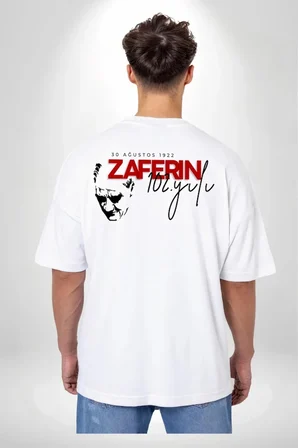 Modi Green 30 Ağustos Zafer Bayramı Ön Arka Baskılı Oversize Bisiklet Yaka T-shirt - Beyaz