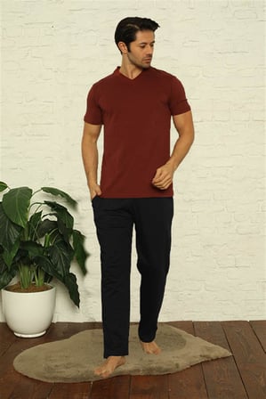 Modi Erkek Bordo V Yaka 3'lü Pijama Takım 6822