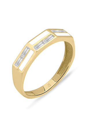 Baget Taşlı Beyaz Mineli Köşegen Altın Yüzük