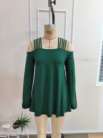 Kadın Omuzlardan Açık şerit Detaylı Uzun Kollu Viskon Bluz - Yeşil / 2XL-3XL
