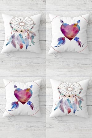Kalp ve Dream Catcher Desenli Gizli Fermuarlı Kırlent Kılıfı Koltuk Yastık Kılıfı Takım(4ADET), Mor-Pembe-Beyaz 45 x 45