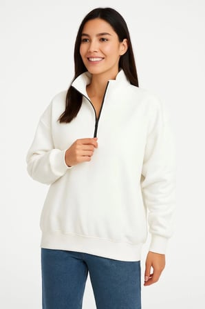 Modi Green Üç İplik Dık Yaka Yarım Fermuarlı SweatShirt - Beyaz