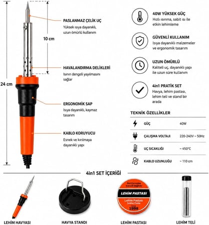 KINETEX 40W Lehim Havya Seti 4'ü 1 Arada, Elektronik Lehimleme Havyası, Lehim Teli, Lehim Pastası ve Havya Standı, Devre Kartı, Kablo Tamiri, Elektronik, Hobi ve DIY Projeleri İçin