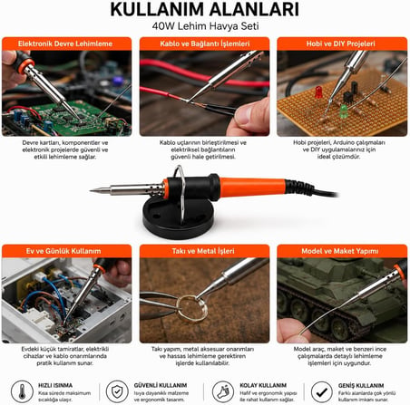 KINETEX 40W Lehim Havya Seti 4'ü 1 Arada, Elektronik Lehimleme Havyası, Lehim Teli, Lehim Pastası ve Havya Standı, Devre Kartı, Kablo Tamiri, Elektronik, Hobi ve DIY Projeleri İçin