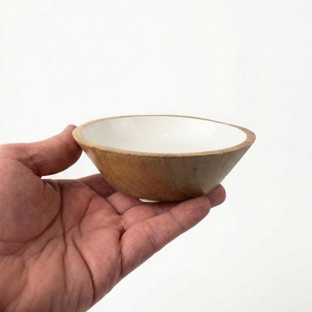 Mango Ağacı Kase - İçi Krem Emaye (Enamel) Kaplama 13 cm Dekoratif Ahşap Sunum Kasesi - Leke Tutmaz Sosluk, Çerezlik ve Dondurmalık, Çerez ve Sosluk İçin Doğal Kase (1 Adet)