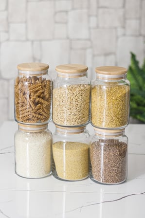 6 Lı Set Bambu Kapaklı Cam Kavanoz & Erzak Saklama Kabı 800 ml Orta Boy (Vakum Kapak)