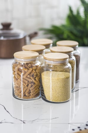 6 Lı Set Bambu Kapaklı Cam Kavanoz & Erzak Saklama Kabı 800 ml Orta Boy (Vakum Kapak)