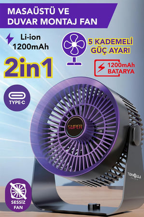 Vantilatör Masaüstü &amp; Duvar Tipi 3 Kademe Işıklı Portatif Fan Şarjlı Type-C Sessiz Çalışma Ev&amp;Ofis