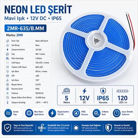 Zmr Zmr-635/b.mm Neon Led Şerit Mavi 12 Volt 120 Led'li 5 Metre
