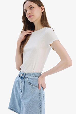 Fitted Bisiklet Yaka Basic Düz Fitilli Kaşkorse Kısa Kollu Tişört