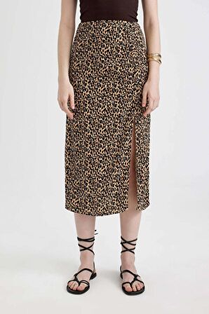 DeFacto A Form Leopar Desenli Yırtmaçlı Maroken Midi Etek C0938AX24SMBG362